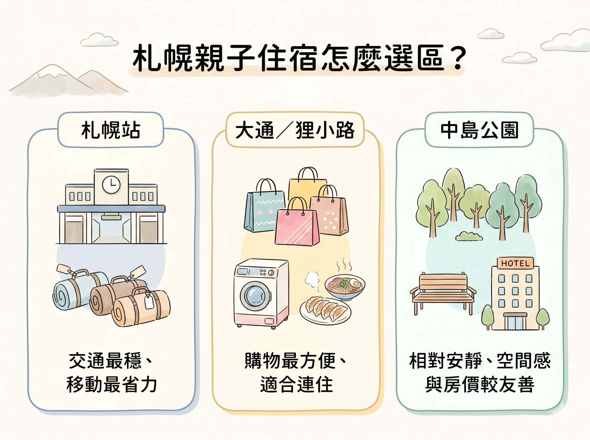 【2026北海道親子飯店】札幌、小樽、函館怎麼選?20+間分區整理一次看 - 第2張圖 札幌住宿區域比較圖