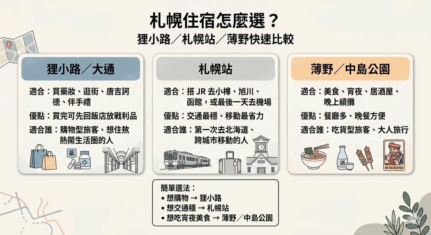 【2026 狸小路商店街】1–7 丁目怎麼逛?藥妝、唐吉訶德、美食與交通一次看 - 第8張圖 札幌住宿區域選擇圖