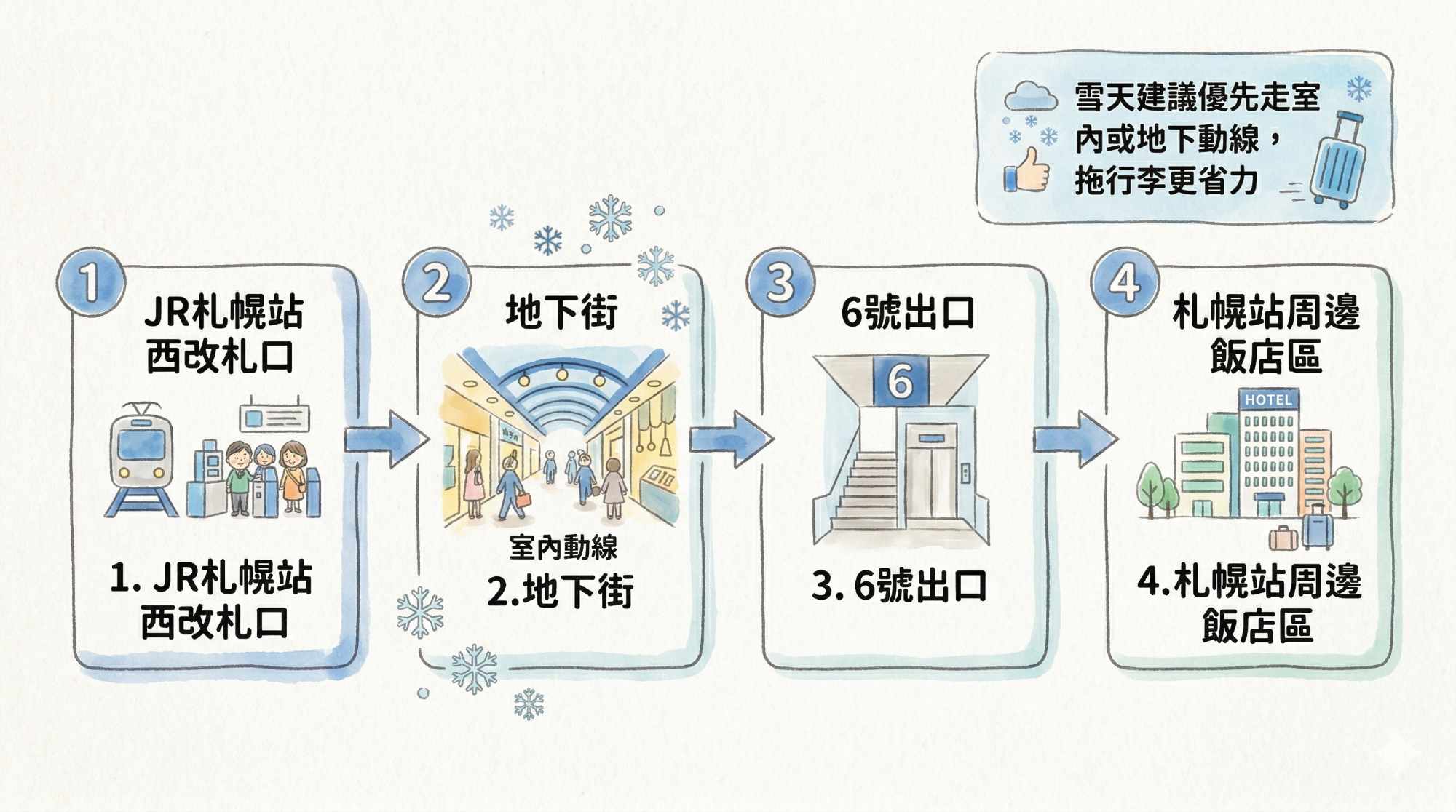 札幌站雪季動線概念圖： 冬天入住札幌站周邊飯店時，若能優先走室內或地下動線，通常會比直接走戶外更省力，也比較適合拖行李移動。
